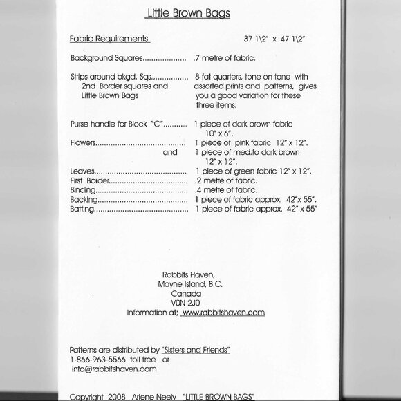 Rabbits Haven Quilt Pattern "Little Brown Bags" - New Unused - Picture 2 of 2